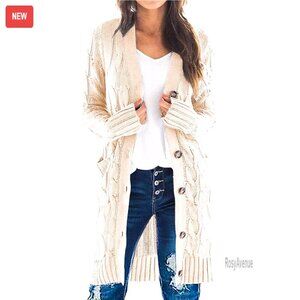 Chunky Cable Knit Long Cardigan with Pockets, Open Front, Fall Winter Sweater